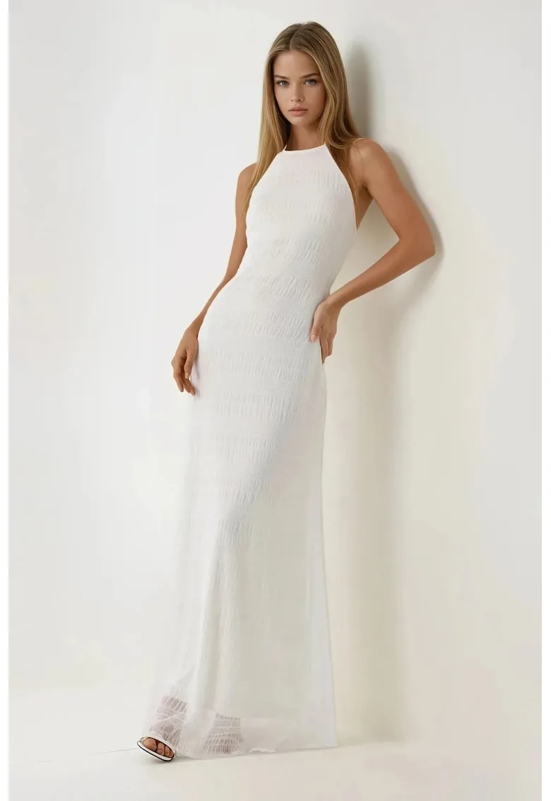 Rochie maxi - mulata cu guler halter - alb - jerseu