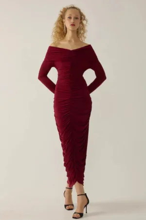 Rochie maxi mulata -  cu umeri goi - detalii cu volane - rosu - jerseu