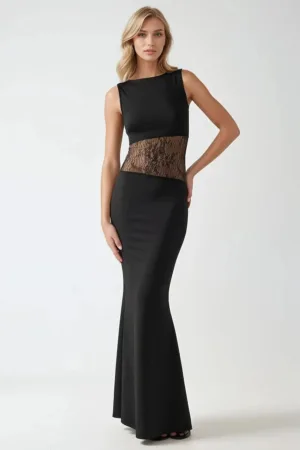 Rochie maxi -  mulata - detalii dantelate - neagra - jerseu