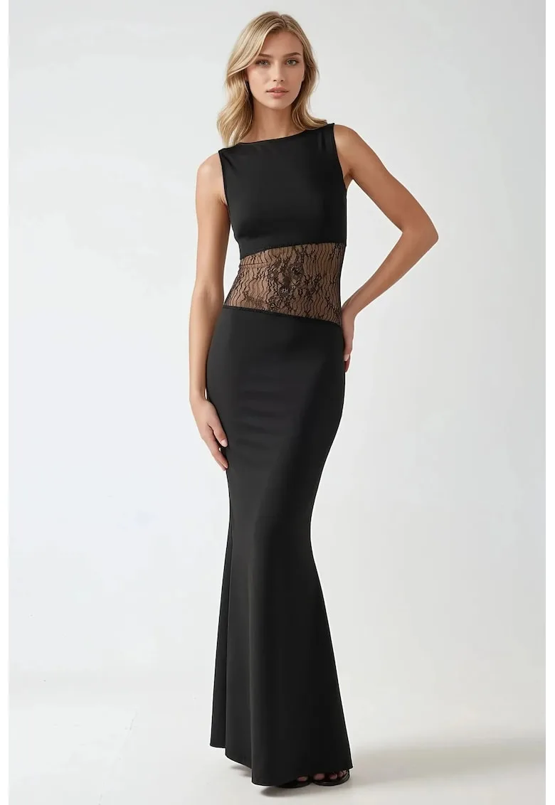 Rochie maxi - mulata - detalii dantelate - neagra - jerseu