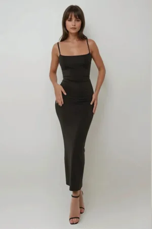 Rochie maxi -  mulata - guler patrat - neagra - jerseu