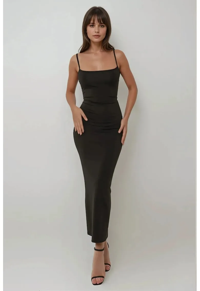 Rochie maxi - mulata - guler patrat - neagra - jerseu