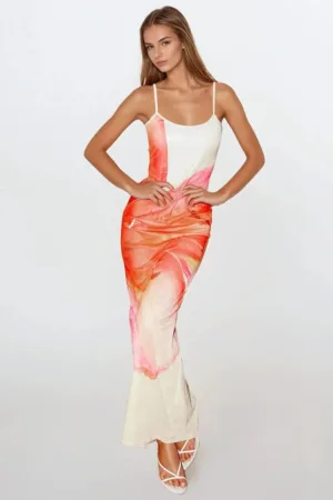 Rochie maxi mulata -  imprimeu floral - multicolor - tul