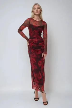 Rochie maxi mulata  imprimeu - rosu - jerseu