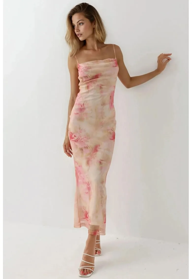 Rochie maxi mulata imprimeu - roz orhidee - jerseu