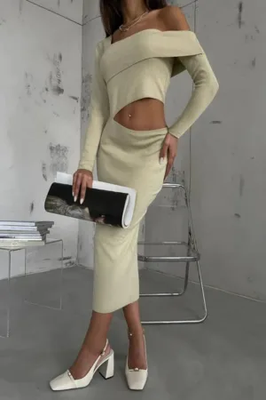 Rochie maxi mulata tricotata  decupata asimetric - bej - tricot