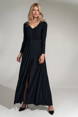 Rochie maxi neagra - eleganta - cu fanta - din poliester si elastan