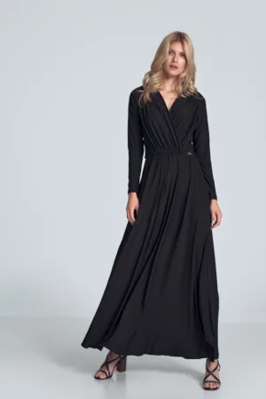 Rochie maxi neagra model M705 - maneci lungi - negru - poliester