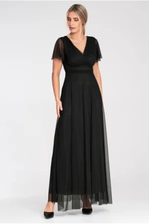 Rochie maxi - neagra - plasa - eleganta - cu maneci scurte - croiala petrecuta -