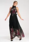 Rochie maxi  neagra - plisata - poliester - fara maneci -