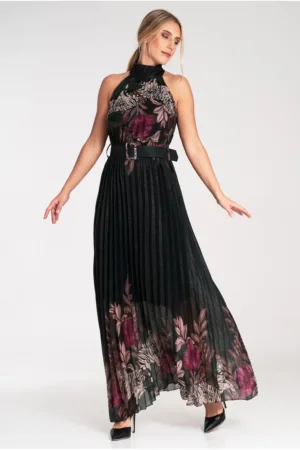Rochie maxi neagra - plisata - poliester - fara maneci -
