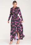 Rochie maxi -  negru floral - cu nasturi - poliester