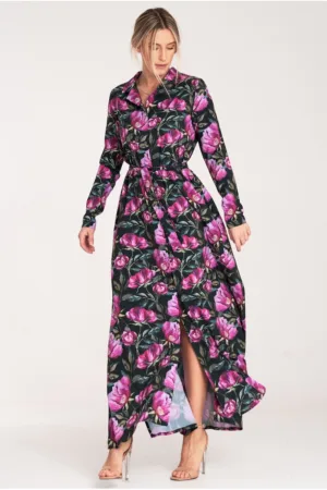 Rochie maxi - negru floral - cu nasturi - poliester