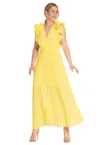 Rochie maxi plisata -  galben - maneci cu volane - viscoza/elastan/poliester -