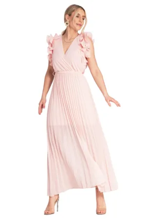 Rochie maxi - plisata - volane pe maneci - roz - viscoza - elastan - poliester -