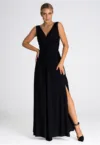 Rochie maxi  poliester/elastan - cu decolteu in V - negru -