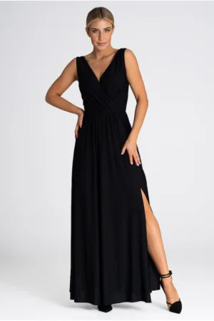 Rochie maxi poliester/elastan - cu decolteu in V - negru -