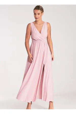 Rochie maxi roz - decolteu in V - decupat in talie - elastan 5% - poliester 95%