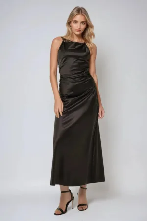 Rochie maxi -  satin - negru - croiala standard - model drept