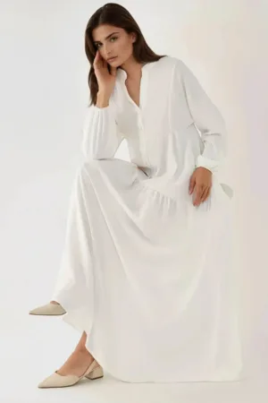 Rochie maxi -  texturata - decolteu in V - alb - textil