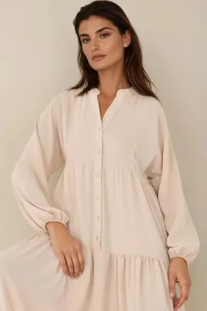 Rochie maxi -  texturata - decolteu in V - bej - textil