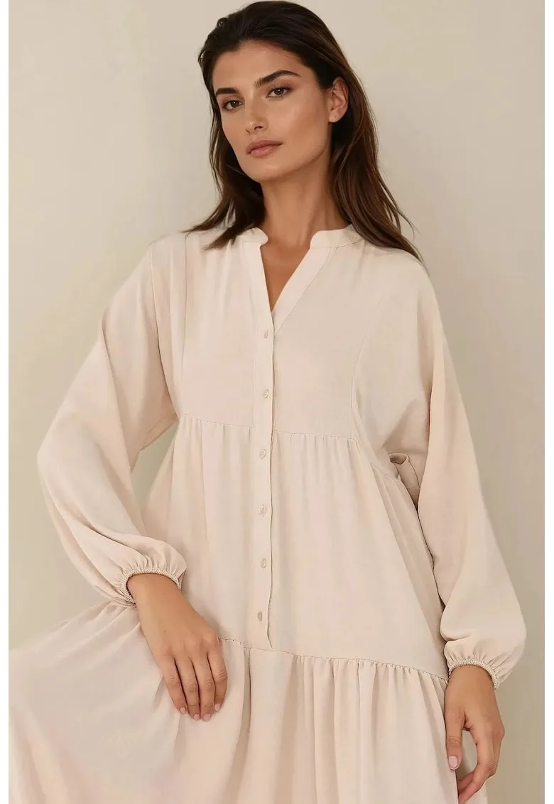 Rochie maxi - texturata - decolteu in V - bej - textil