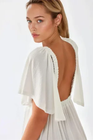 Rochie maxi -  texturata - decolteu in V - forma de A - alb - textil