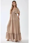 Rochie maxi -  texturata - decolteu in V - maro - textil