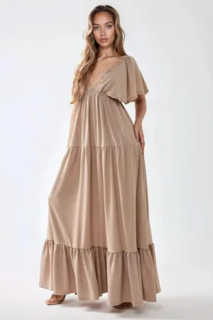 Rochie maxi -  texturata - decolteu in V - maro - textil