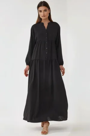 Rochie maxi -  texturata - decolteu in V - negru - textil