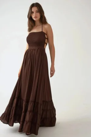 Rochie maxi -  texturata - decolteu patrat - maro - jerseu