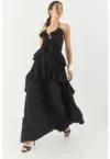Rochie maxi -  texturata - guler halter - volane - negru - bumbac-viscoza