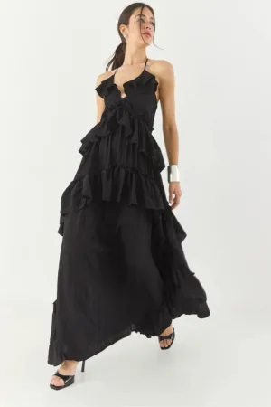 Rochie maxi - texturata - guler halter - volane - negru - bumbac-viscoza