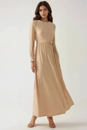 Rochie maxi -  texturata - guler rotund - bej - jerseu