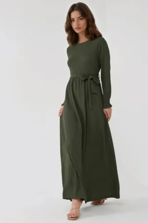 Rochie maxi -  texturata - guler rotund - kaki - jerseu