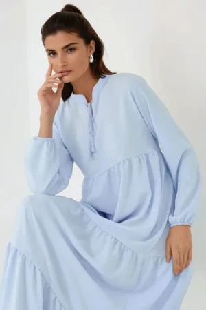 Rochie maxi  texturata - guler rotund - maneci lungi - albastra - textil