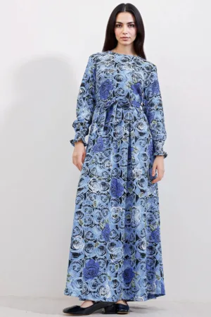 Rochie maxi tricotata dama HiCCUP - floral - poliester/lycra - albastru