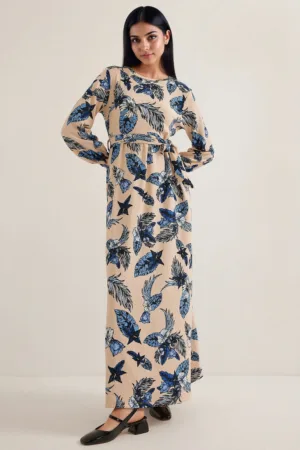 Rochie maxi tricotata dama HiCCUP - floral - poliester/lycra - bej/albastru