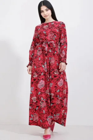 Rochie maxi tricotata dama  floral - poliester/lycra - rosu