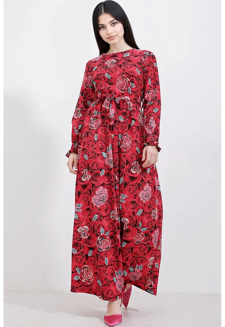 Rochie maxi tricotata dama floral - poliester/lycra - rosu