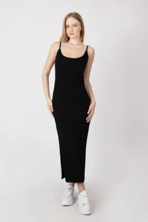 Rochie maxi tricotata -  decolteu rotund - bretele - textil - Negru -