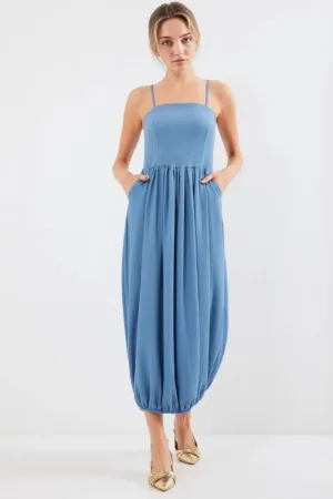 Rochie maxi tricotata HiCCUP - guler patrat - texturata - albastra - poliester-lycra