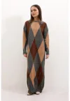 Rochie maxi -  tricotata - model geometric - gri/maro -