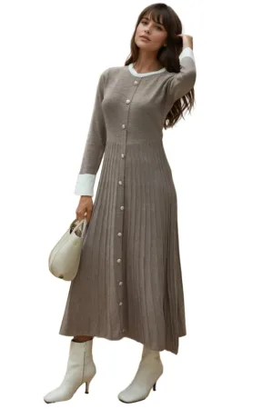 Rochie maxi tricotata -  texturata - maro melange - material tricot