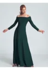 Rochie maxi  verde - cu maneci lungi - decolteu mare - pliuri in zona pieptului - cusuta in talie - elastan 5% - poliester 95%