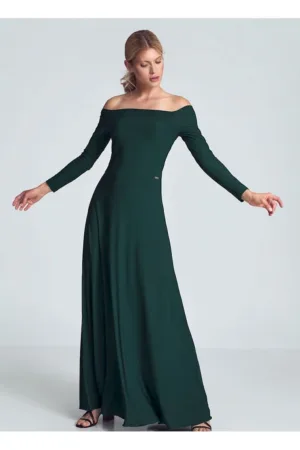 Rochie maxi verde - cu maneci lungi - decolteu mare - pliuri in zona pieptului - cusuta in talie - elastan 5% - poliester 95%