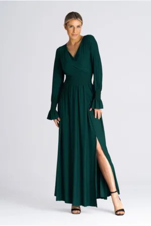 Rochie maxi verde - decolteu in V - talie elastica - poliester 95% - elastan 5% -