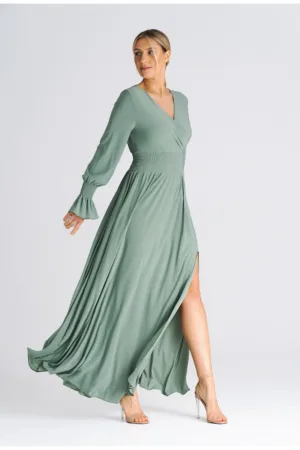 Rochie maxi verde maslinie - talie elastica - decolteu in V - crapatura - poliester 95% elastan 5% -