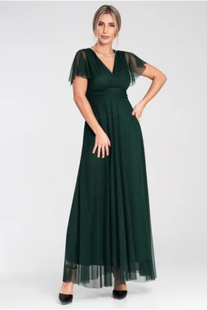 Rochie maxi verde - plasa - cu maneci scurte - decolteu plic - pentru femei -