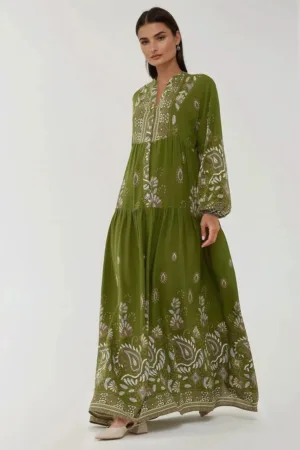 Rochie maxi -  verde/alb - viscoza